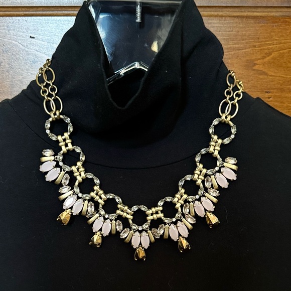 J. Crew Flower Statement Necklace Brass Tone with Clear, Gold and Pink Stones - Picture 4 of 7